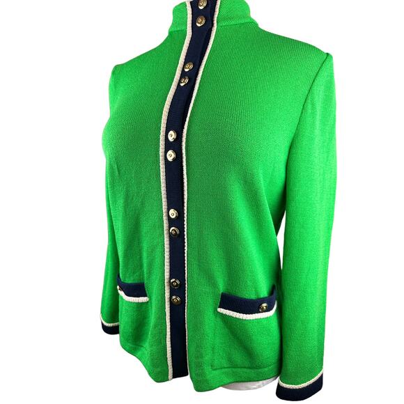 *Flawed St. John Collection Santana Knit Green Cardigan Sweater Gold Blk Size 10 - Picture 2 of 15